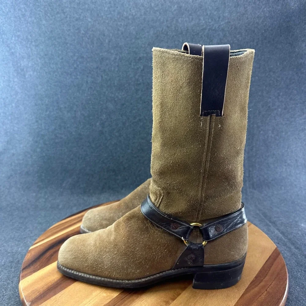 Vintage 1970s Mens Tan Suede Harness Boots Square Toe Brown Leather Straps 9.5 - Picture 5 of 12